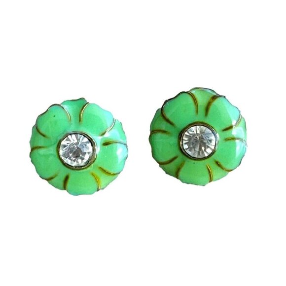 Vintage Gold Foil & Green Enamel Flower Stud Earrings With Rhinestone - Picture 1 of 2